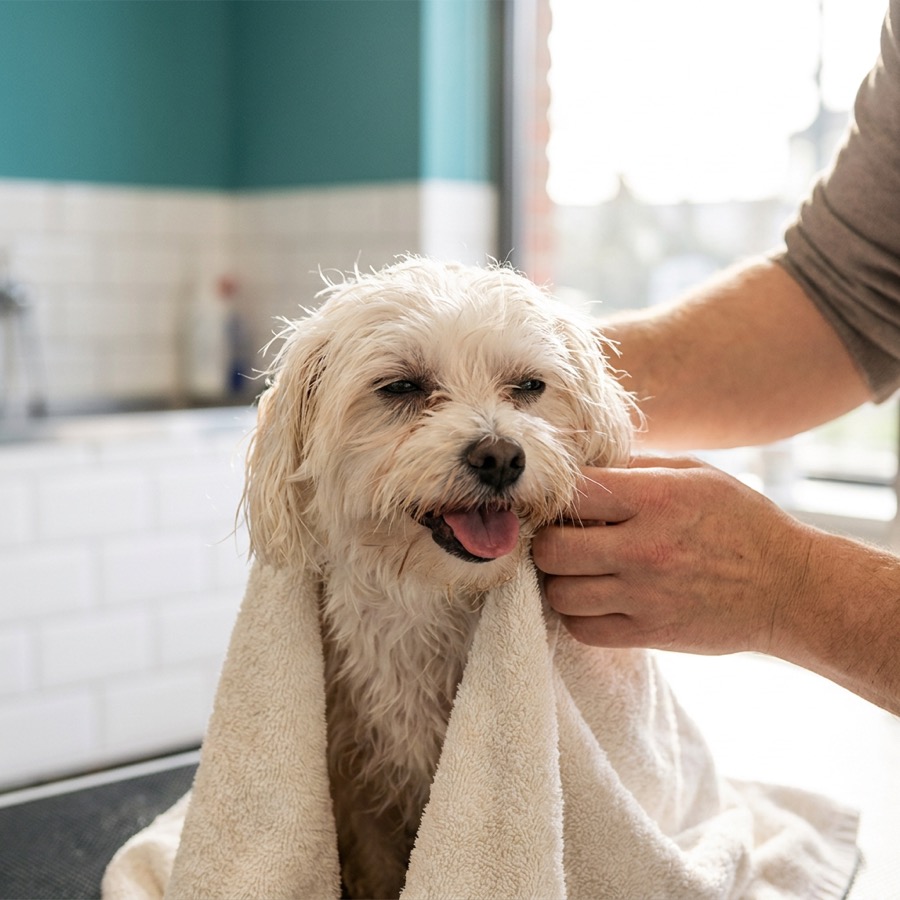 Imagem ilustrativa: cachorro pequeno enrolado na toalha após o banho