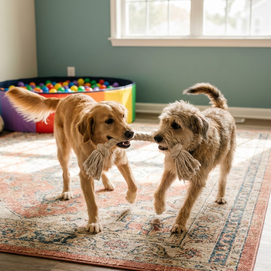 Imagem ilustrativa: dois cachorros brincando juntos no daycare