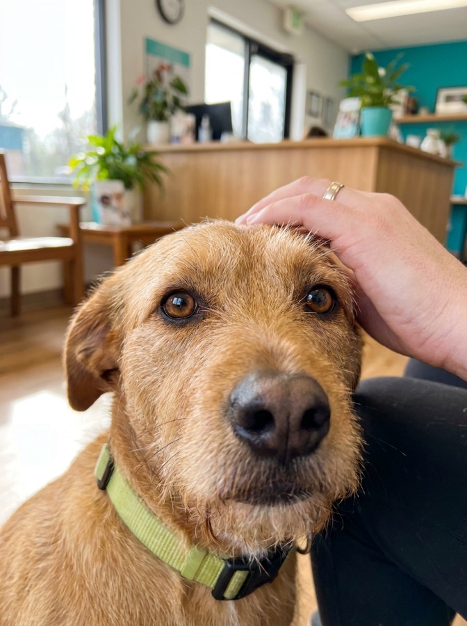 Imagem ilustrativa: cachorro caramelo recebendo carinho na recepção — substituir pela foto oficial do pet