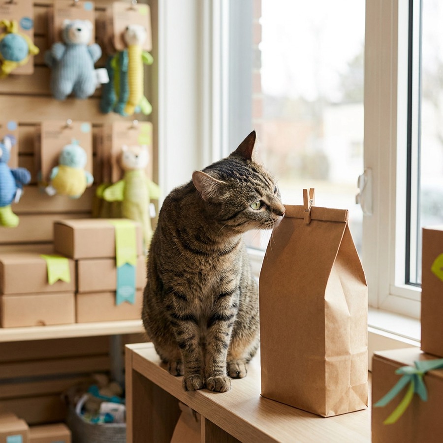 Imagem ilustrativa: gato curioso entre produtos sem marca na prateleira da loja