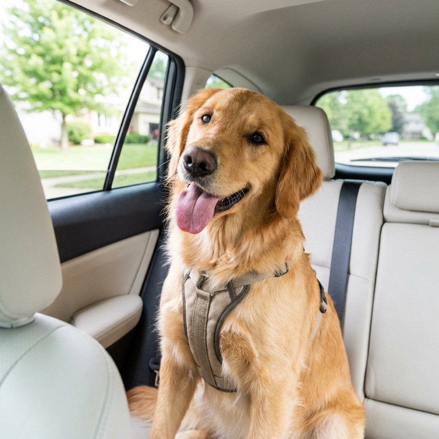 Imagem ilustrativa: cachorro com cinto de segurança no banco do carro